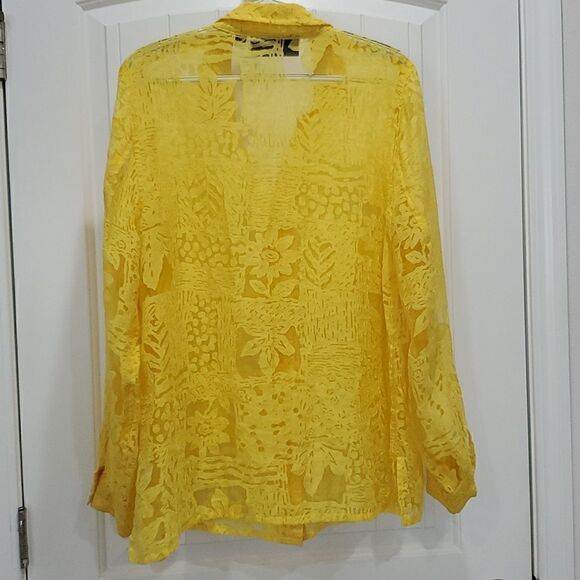 Susan Graver Button Up Shirt Womens Size M Yellow Floral, Sheer Long Sleeve, Lar - Picture 4 of 5